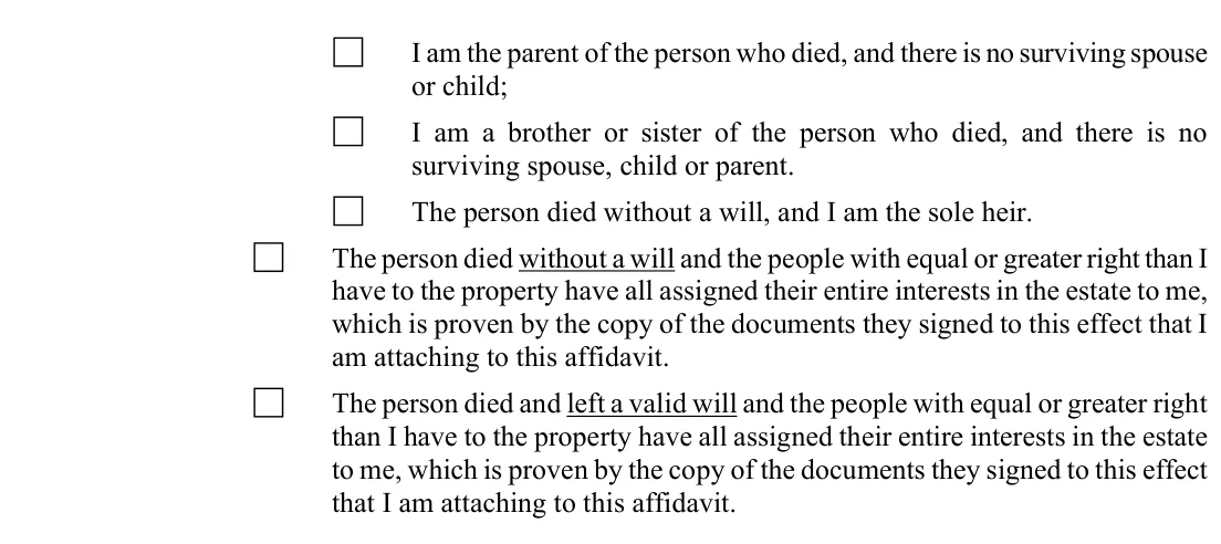 Arizona small estate affidavit, form PBSE11f: entitlement, continued, filled with sample entries