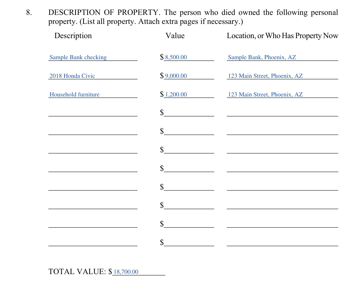 Arizona small estate affidavit, form PBSE11f: description of property, filled with sample entries