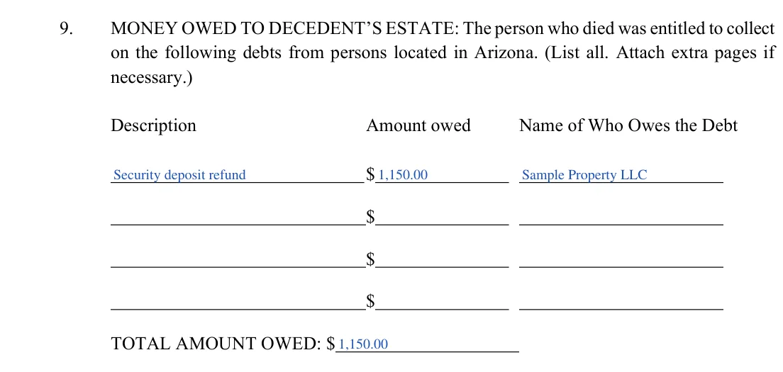 Arizona small estate affidavit, form PBSE11f: money owed to the estate, filled with sample entries