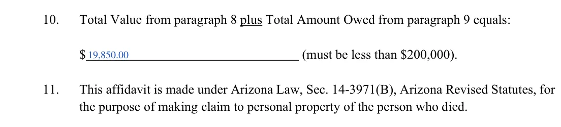 Arizona small estate affidavit, form PBSE11f: total value and statute, filled with sample entries