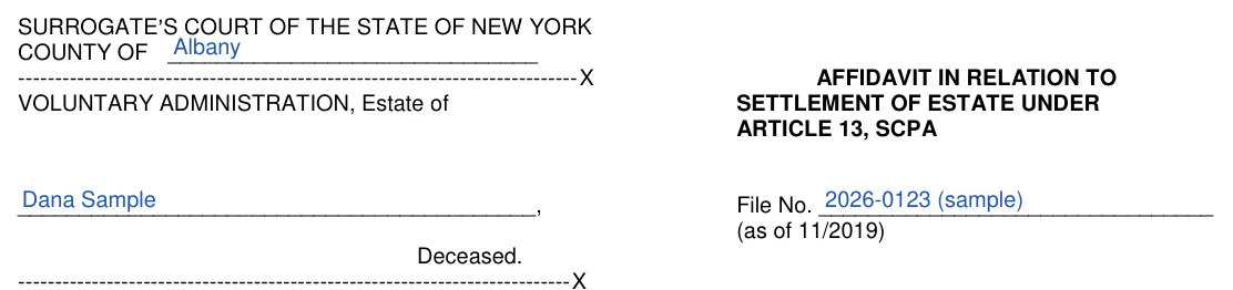 New York small estate affidavit, Surrogate's Court form SE-3A: court caption and file number, filled with sample entries