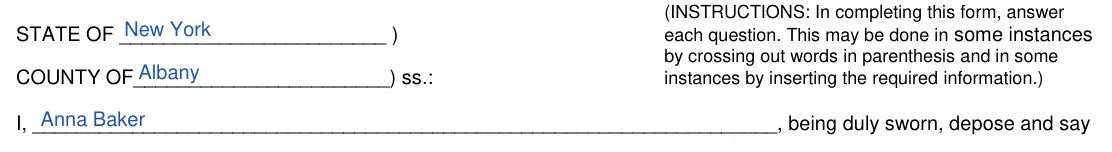 New York small estate affidavit, Surrogate's Court form SE-3A: where you swear the affidavit and your name, filled with sample entries