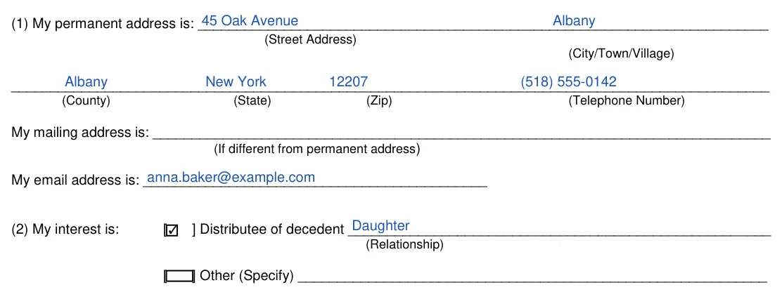 New York small estate affidavit, Surrogate's Court form SE-3A: items 1 and 2, your addresses and interest, filled with sample entries