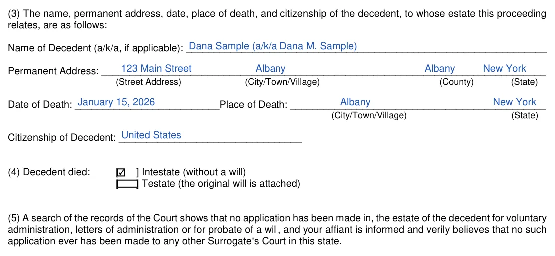 New York small estate affidavit, Surrogate's Court form SE-3A: items 3 to 5, the decedent and any will, filled with sample entries