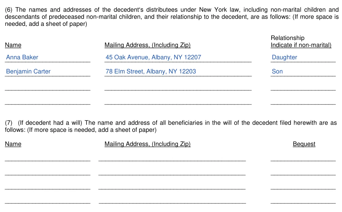 New York small estate affidavit, Surrogate's Court form SE-3A: items 6 and 7, distributees and will beneficiaries, filled with sample entries