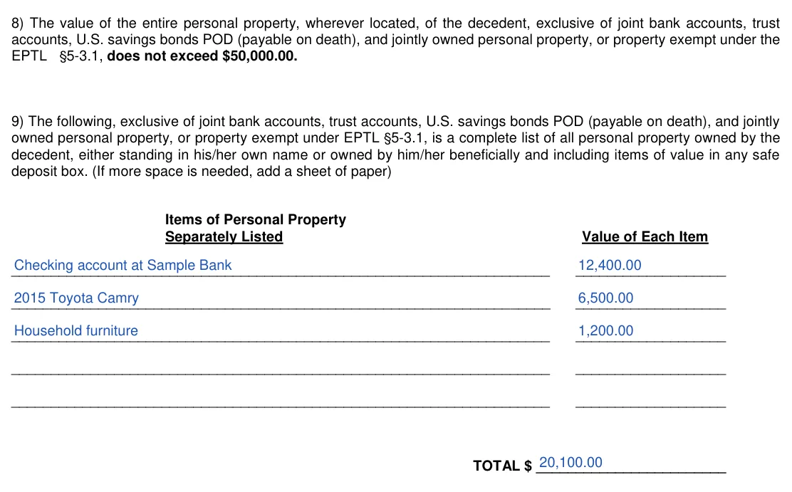 New York small estate affidavit, Surrogate's Court form SE-3A: items 8 and 9, personal property, filled with sample entries