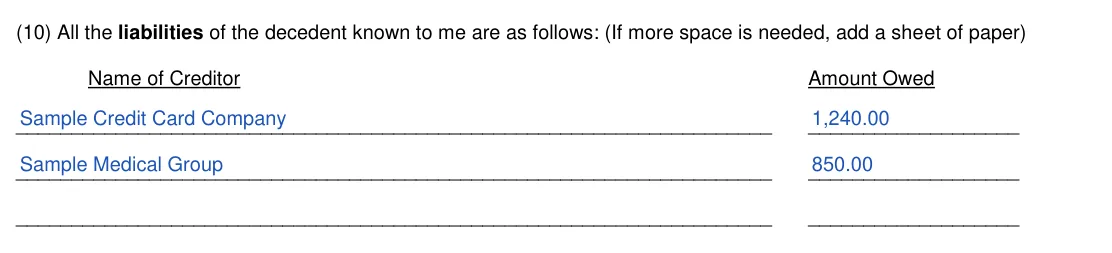 New York small estate affidavit, Surrogate's Court form SE-3A: item 10, debts of the decedent, filled with sample entries