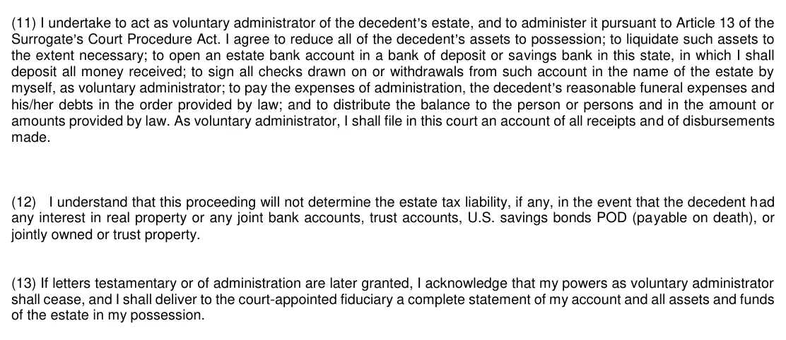 New York small estate affidavit, Surrogate's Court form SE-3A: items 11 to 13, your undertaking, filled with sample entries