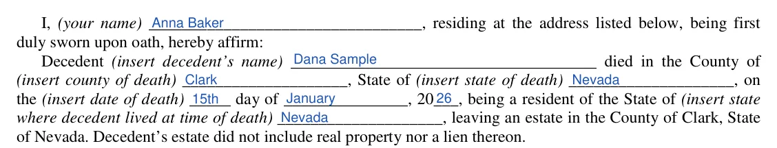 Nevada Affidavit of Entitlement (NRS 146.080): your name, the decedent and the death, filled with sample entries