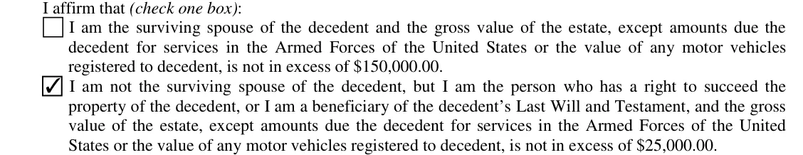 Nevada Affidavit of Entitlement (NRS 146.080): the box for your value limit, filled with sample entries