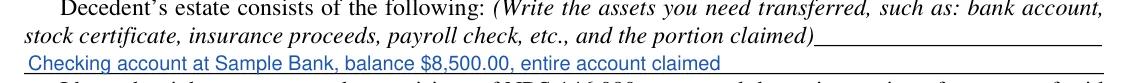 Nevada Affidavit of Entitlement (NRS 146.080): the property you claim, filled with sample entries
