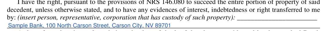 Nevada Affidavit of Entitlement (NRS 146.080): who holds the property, filled with sample entries