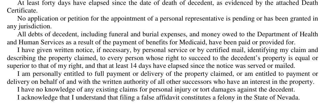Nevada Affidavit of Entitlement (NRS 146.080): the statements you swear to, filled with sample entries