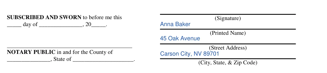 Nevada Affidavit of Entitlement (NRS 146.080): signature, address and notary, filled with sample entries