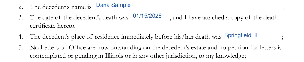 Illinois small estate affidavit, Cook County form CCP 0248: decedent, date of death and residence, filled with sample entries