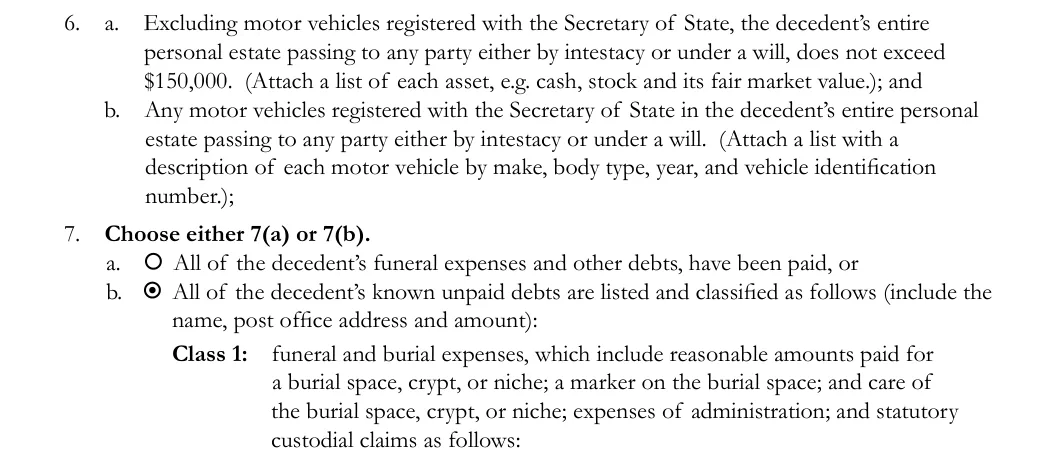 Illinois small estate affidavit, Cook County form CCP 0248: assets, vehicles and the paragraph 7 choice, filled with sample entries