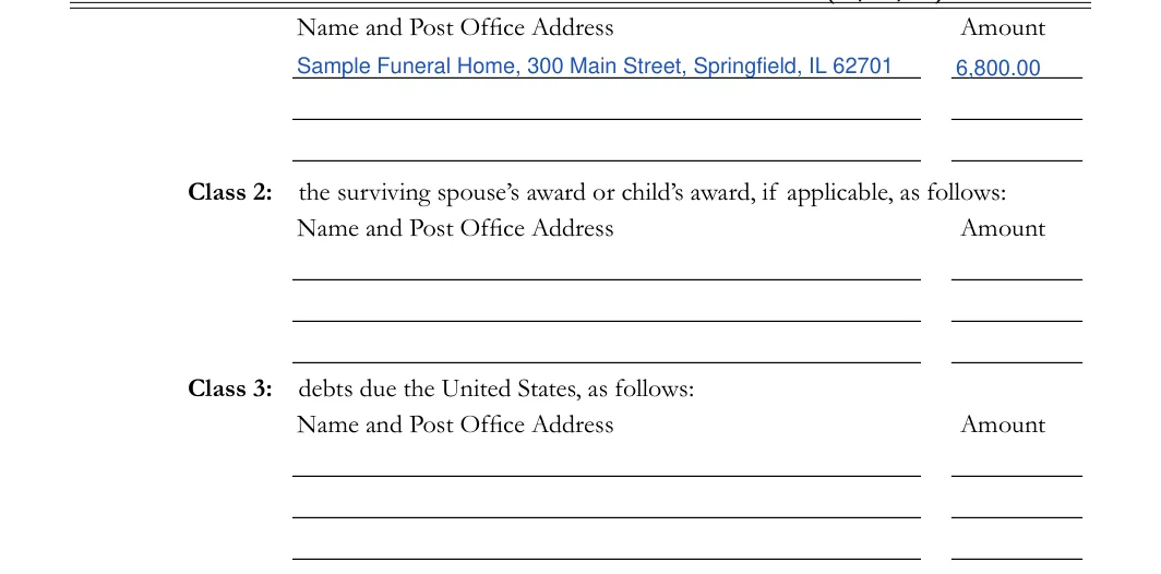 Illinois small estate affidavit, Cook County form CCP 0248: debts in classes 1 to 3, filled with sample entries