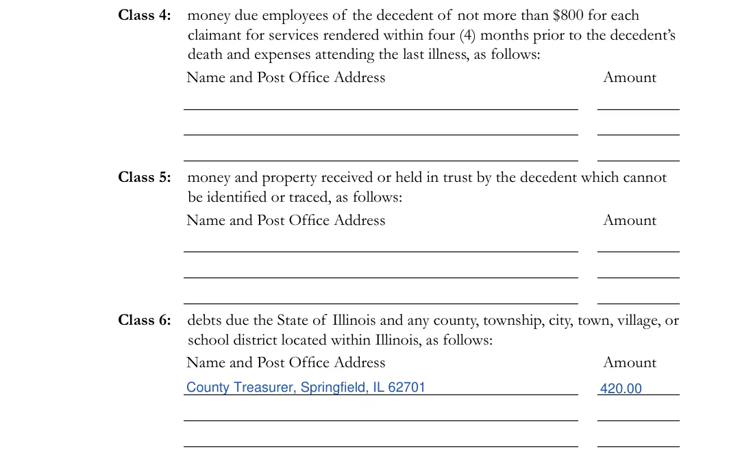 Illinois small estate affidavit, Cook County form CCP 0248: debts in classes 4 to 6, filled with sample entries