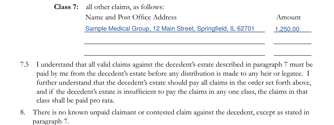 Illinois small estate affidavit, Cook County form CCP 0248: class 7 claims and paragraphs 7.5 and 8, filled with sample entries