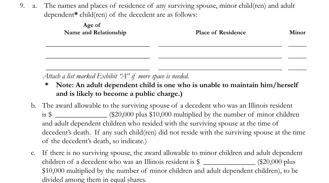 Illinois small estate affidavit, Cook County form CCP 0248: surviving spouse, children and awards, filled with sample entries