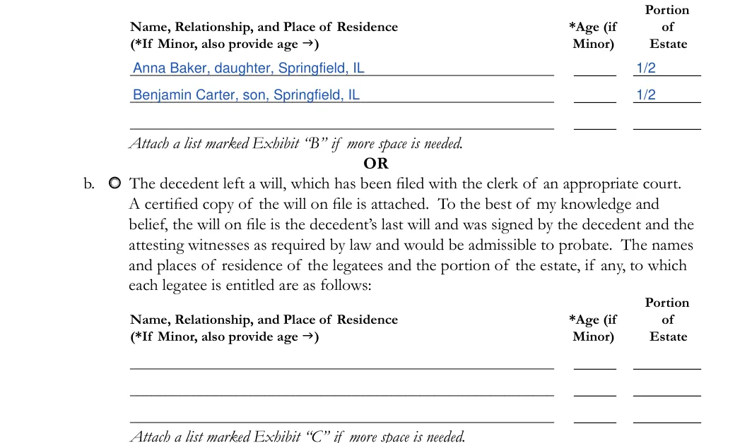 Illinois small estate affidavit, Cook County form CCP 0248: heirs or legatees, filled with sample entries