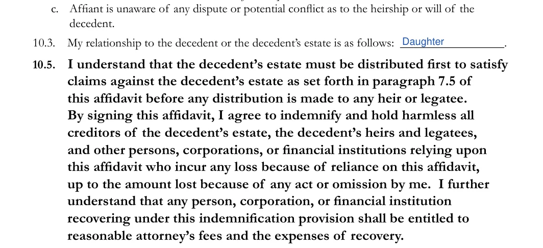 Illinois small estate affidavit, Cook County form CCP 0248: no dispute, relationship and the 10.5 statement, filled with sample entries