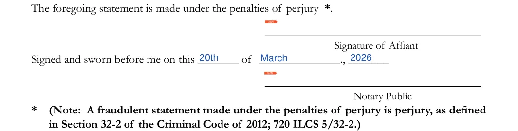 Illinois small estate affidavit, Cook County form CCP 0248: signature and notary, filled with sample entries