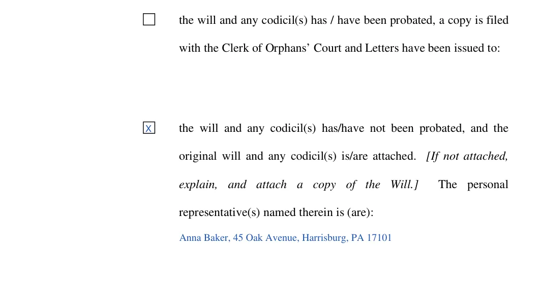Pennsylvania Petition for Settlement of Small Estate (York County): will and personal representative, filled with sample entries