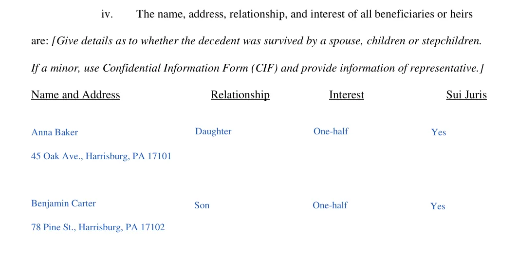Pennsylvania Petition for Settlement of Small Estate (York County): beneficiaries and heirs, filled with sample entries