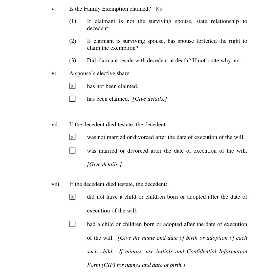 Pennsylvania Petition for Settlement of Small Estate (York County): family exemption, elective share and the will, filled with sample entries