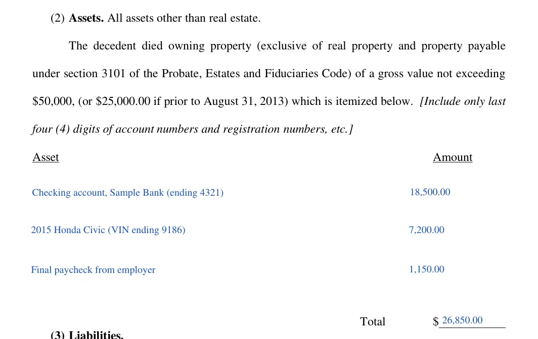 Pennsylvania Petition for Settlement of Small Estate (York County): assets, filled with sample entries