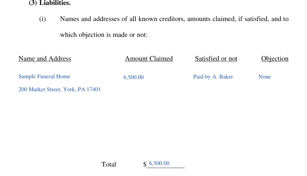 Pennsylvania Petition for Settlement of Small Estate (York County): creditors, filled with sample entries