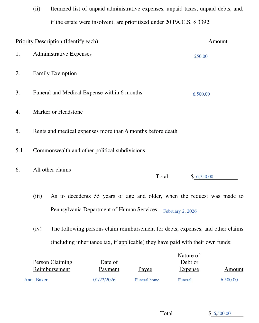 Pennsylvania Petition for Settlement of Small Estate (York County): priority debts, DHS request and reimbursements, filled with sample entries
