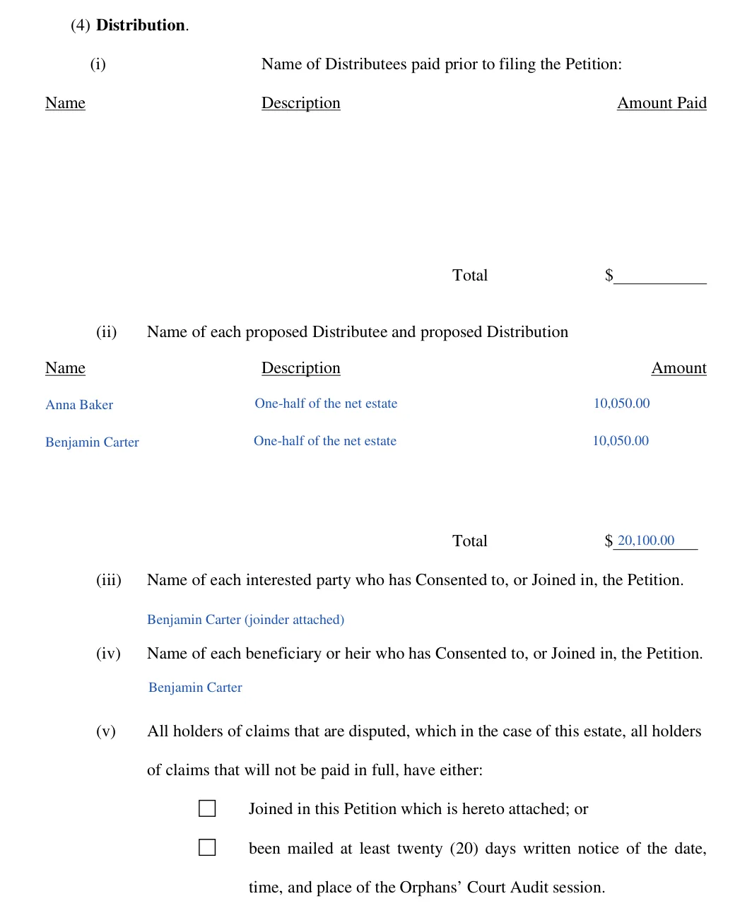 Pennsylvania Petition for Settlement of Small Estate (York County): distribution and consents, filled with sample entries