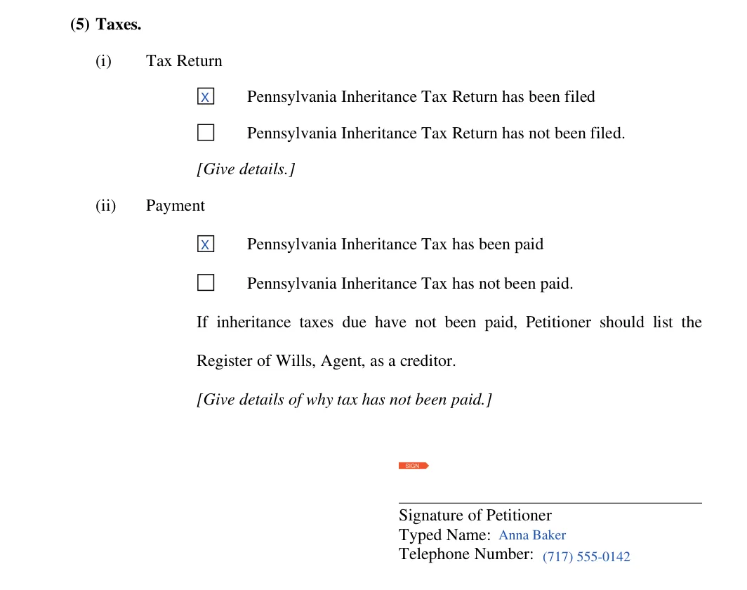 Pennsylvania Petition for Settlement of Small Estate (York County): inheritance tax and petitioner signature, filled with sample entries