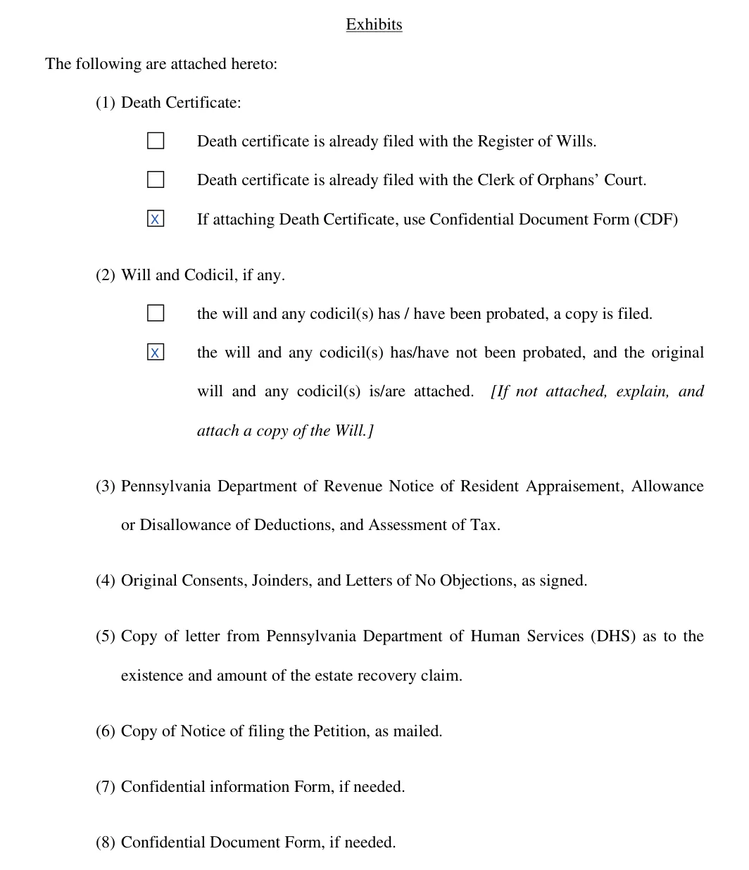 Pennsylvania Petition for Settlement of Small Estate (York County): exhibits, filled with sample entries
