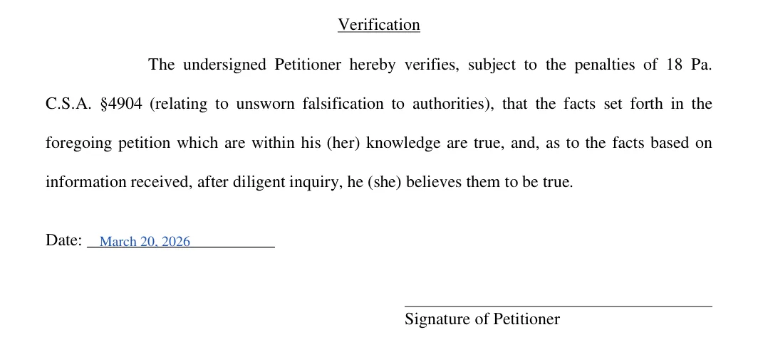 Pennsylvania Petition for Settlement of Small Estate (York County): verification, filled with sample entries