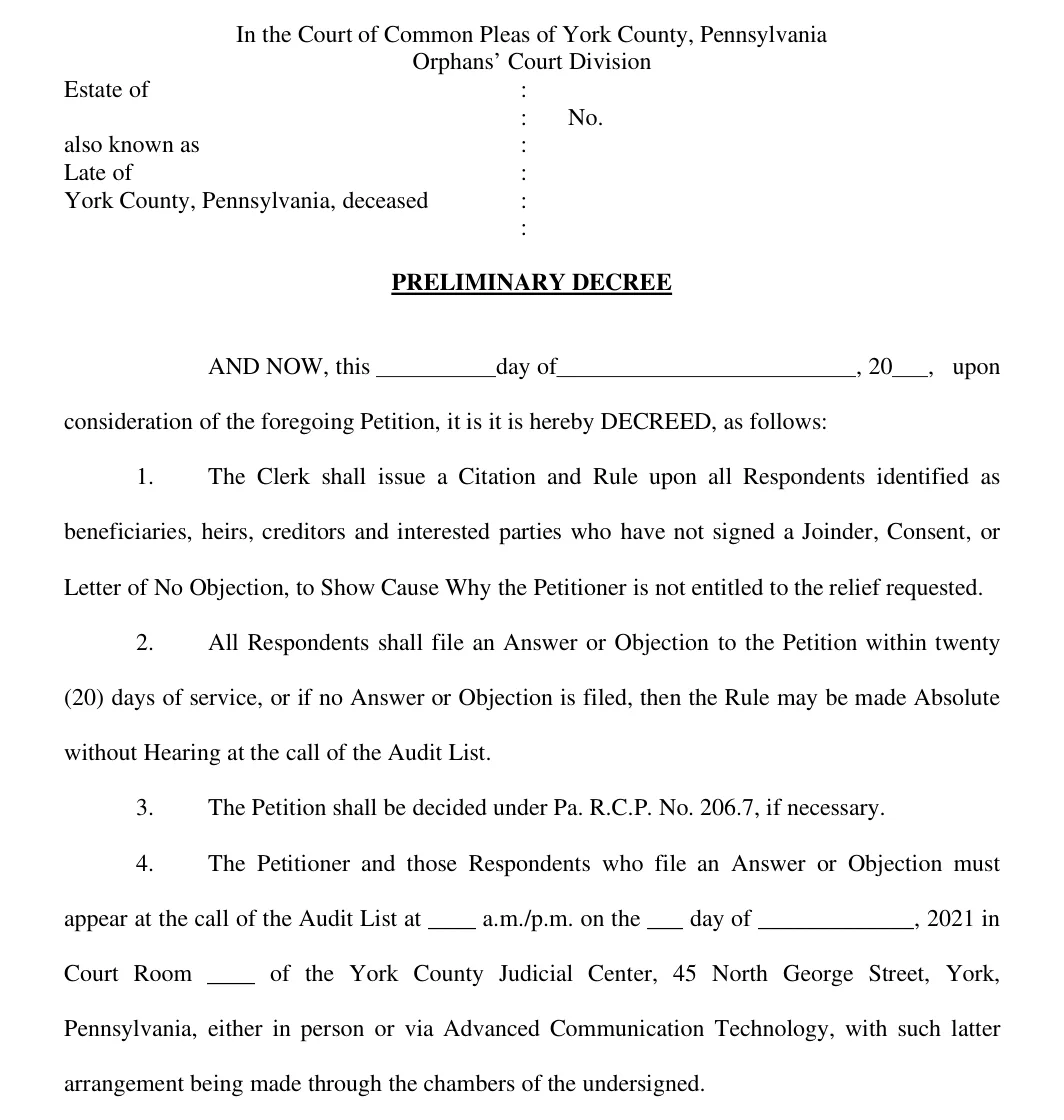 Pennsylvania Petition for Settlement of Small Estate (York County): preliminary decree left for the court, filled with sample entries