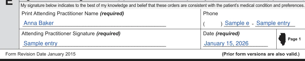 Illinois DNR order: IDPH DNR/POLST, filled with sample entries