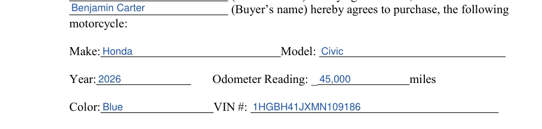 California motorcycle bill of sale: motorcycle, filled with sample entries