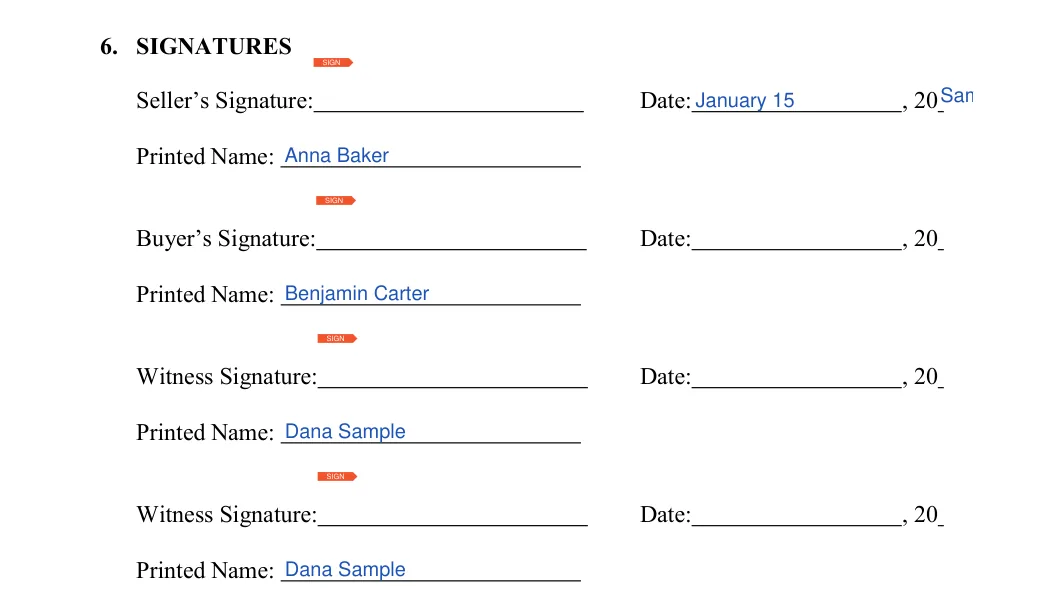 California motorcycle bill of sale: 6. SIGNATURES, filled with sample entries