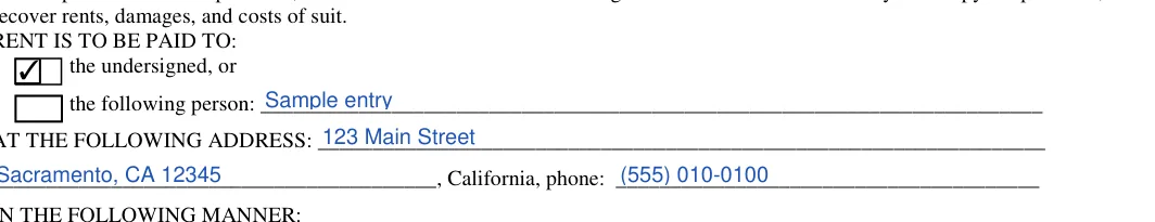 California 3-day eviction notice: RENT IS TO BE PAID TO, filled with sample entries