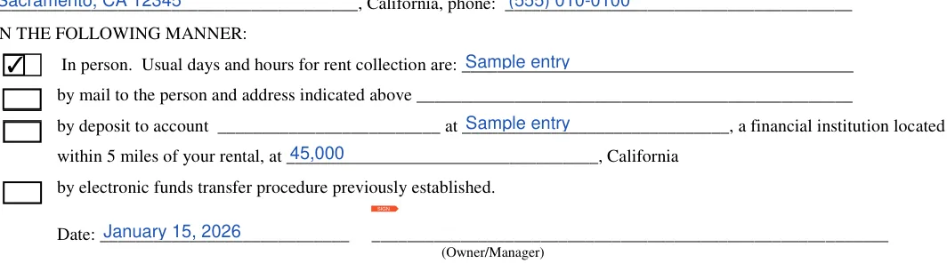 California 3-day eviction notice: IN THE FOLLOWING MANNER, filled with sample entries