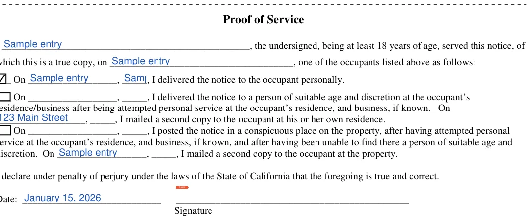 California 3-day eviction notice: I, Which this is a true copy on and more, filled with sample entries
