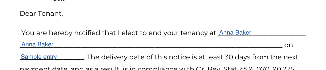Oregon lease termination letter: You are hereby notified that i elect to end your tenancy at, On, filled with sample entries