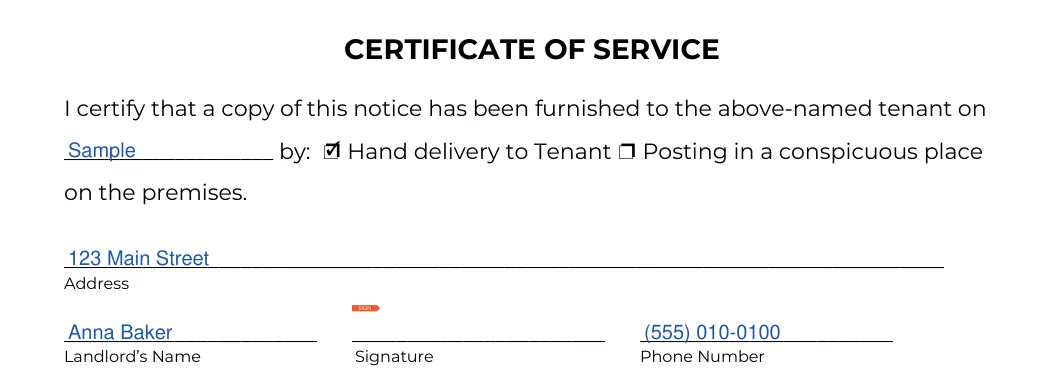 Oregon lease termination letter: CERTIFICATE OF SERVICE, filled with sample entries