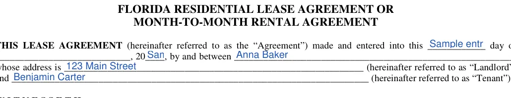 Florida month-to-month lease agreement: MONTH-TO-MONTH RENTAL AGREEMENT, filled with sample entries