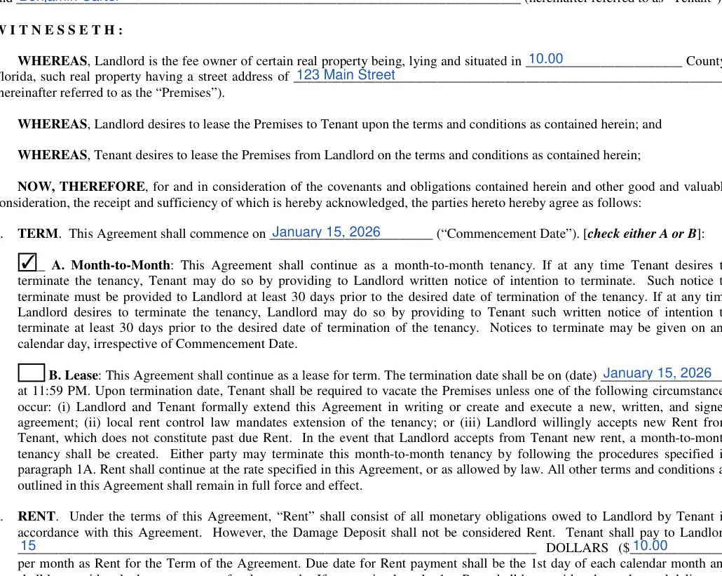 Florida month-to-month lease agreement: W I T N E S S E T H, filled with sample entries
