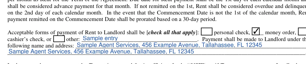 Florida month-to-month lease agreement: Check, Other and more, filled with sample entries