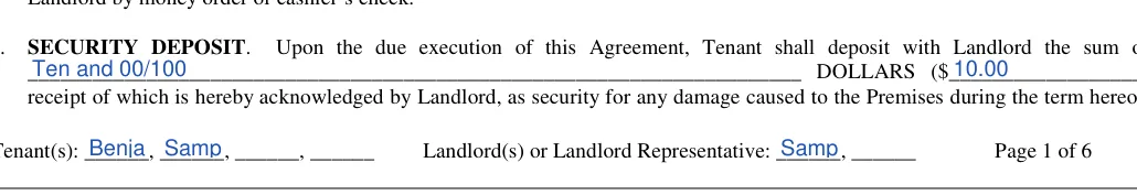 Florida month-to-month lease agreement: 3. SECURITY DEPOSIT, filled with sample entries